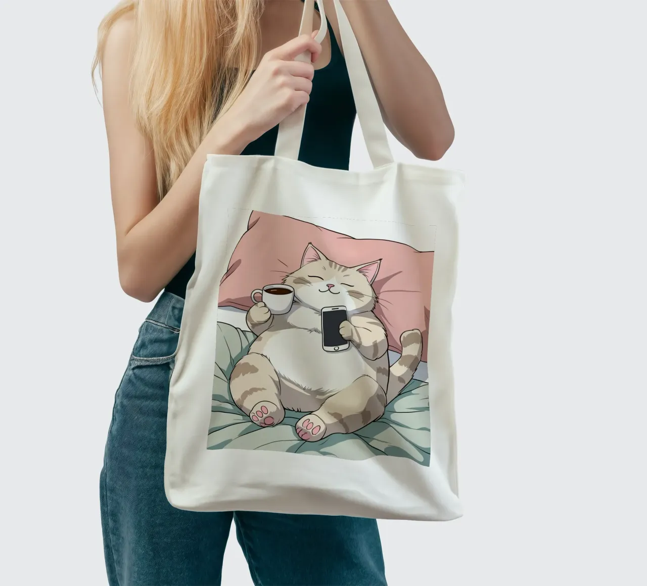 Cat relaxing on a soft pillow while enjoying coffee tote bag by DesignDoodle
