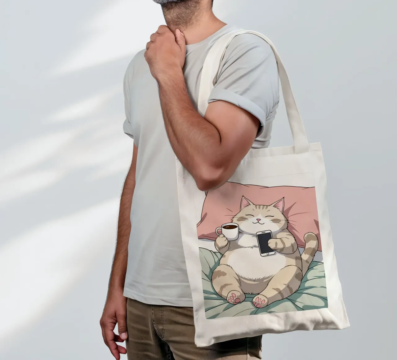 Cat relaxing on a soft pillow while enjoying coffee tote bag by DesignDoodle