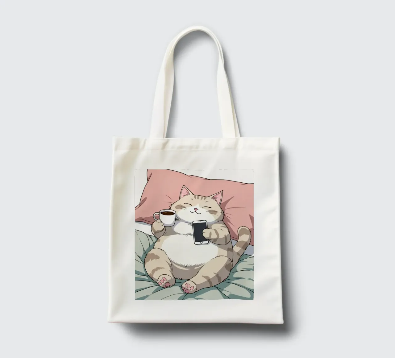 Cat relaxing on a soft pillow while enjoying coffee tote bag by DesignDoodle