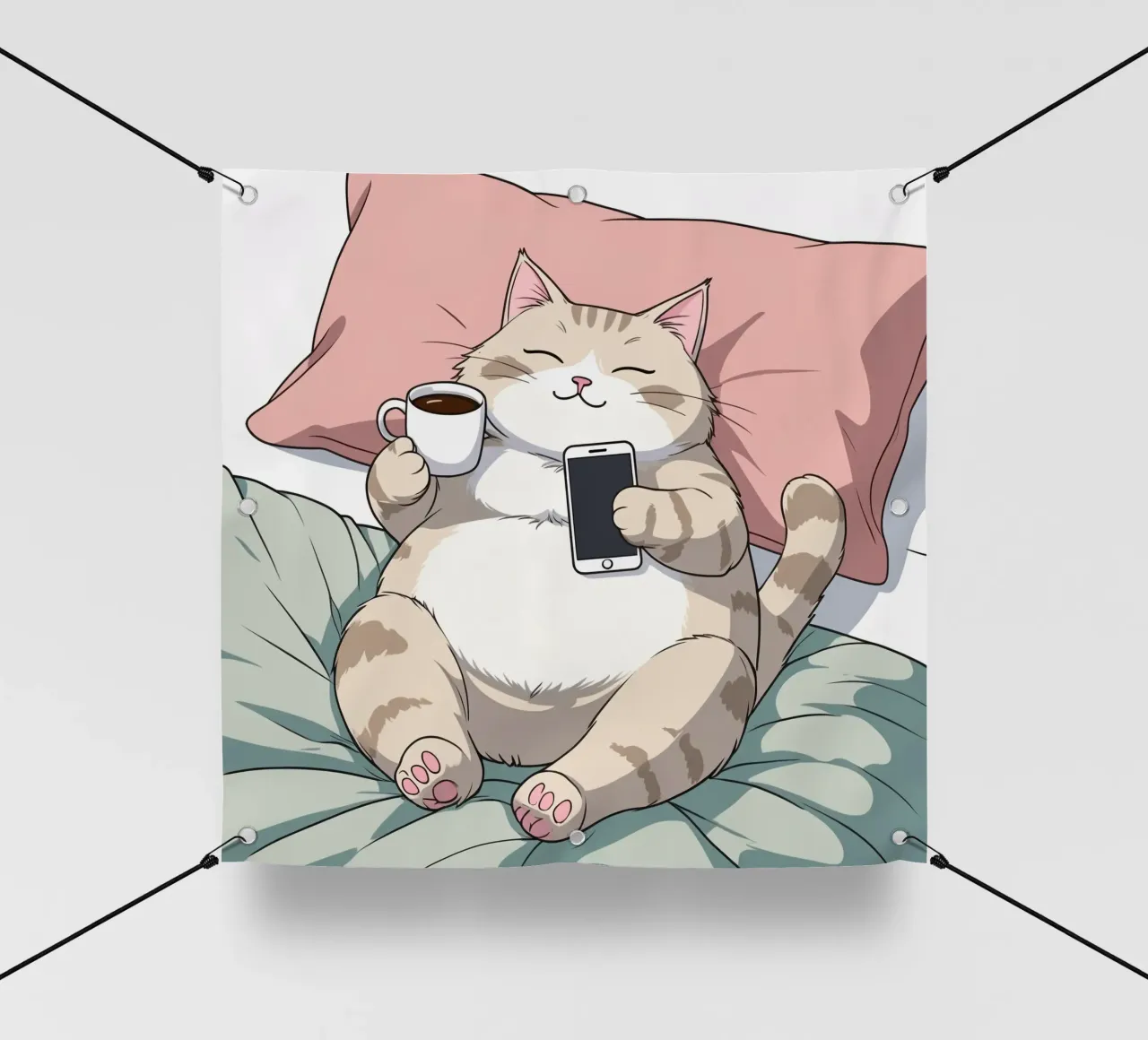 Gatto che si rilassa su un morbido cuscino gustando un caffè telo in pvc da DesignDoodle