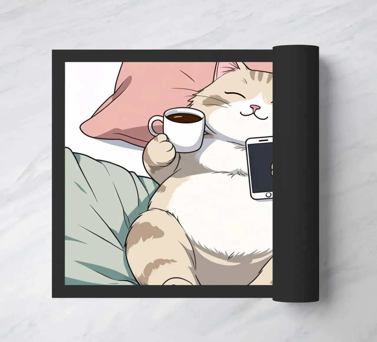 Gatto che si rilassa su un morbido cuscino gustando un caffè zerbino da DesignDoodle