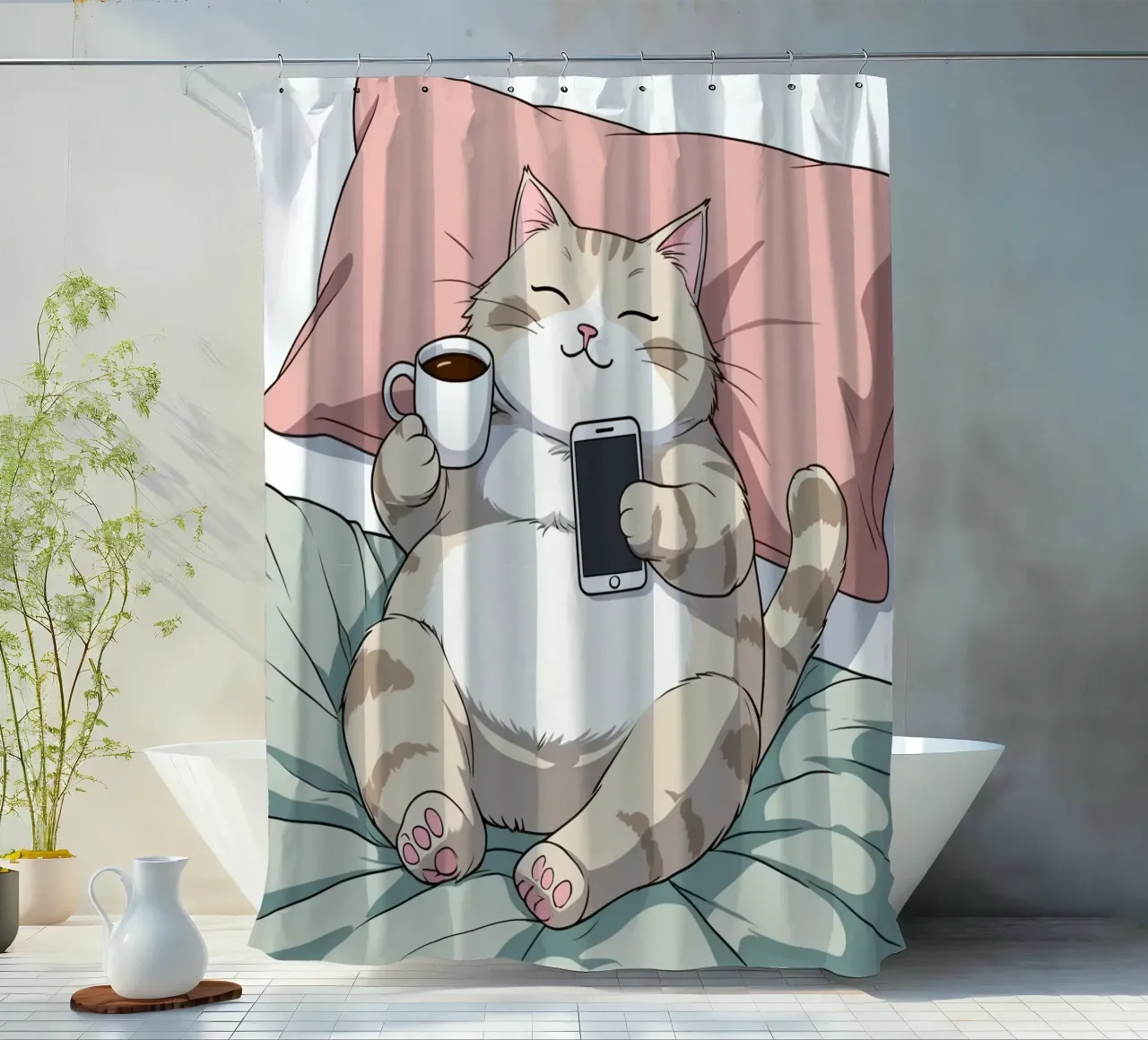 Cat relaxing on a soft pillow while enjoying coffee shower curtain by DesignDoodle