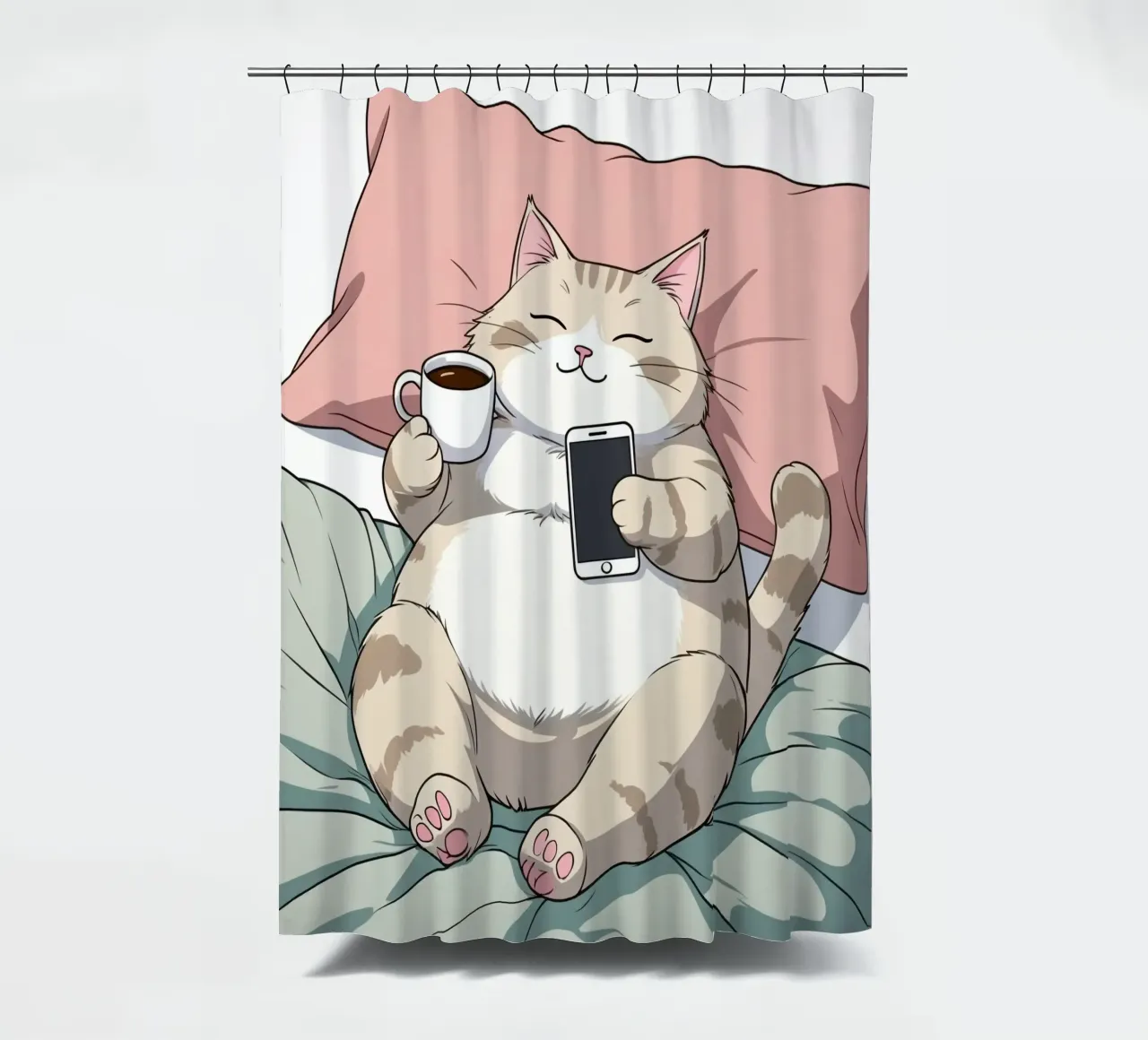 Cat relaxing on a soft pillow while enjoying coffee shower curtain by DesignDoodle