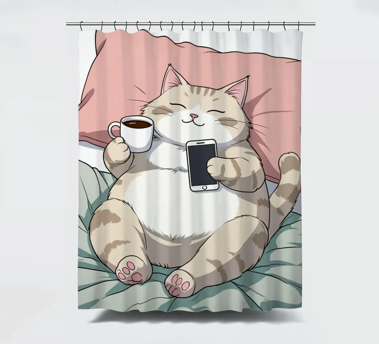 Cat relaxing on a soft pillow while enjoying coffee shower curtain by DesignDoodle