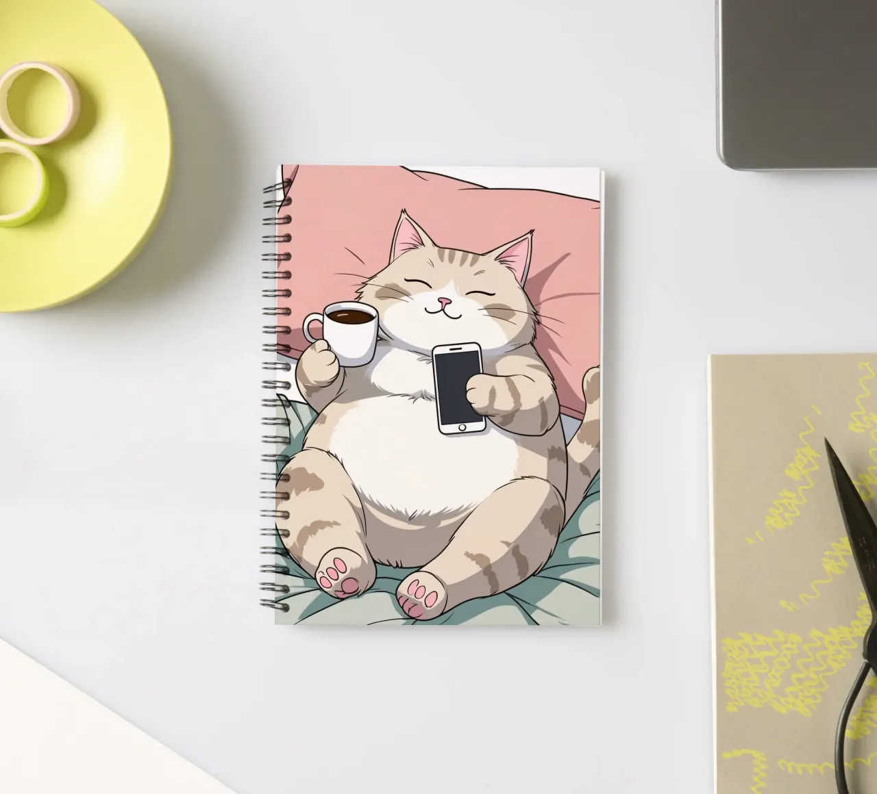 Cat relaxing on a soft pillow while enjoying coffee spiral notebook by DesignDoodle