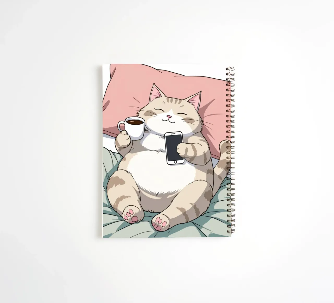 Cat relaxing on a soft pillow while enjoying coffee spiral notebook by DesignDoodle
