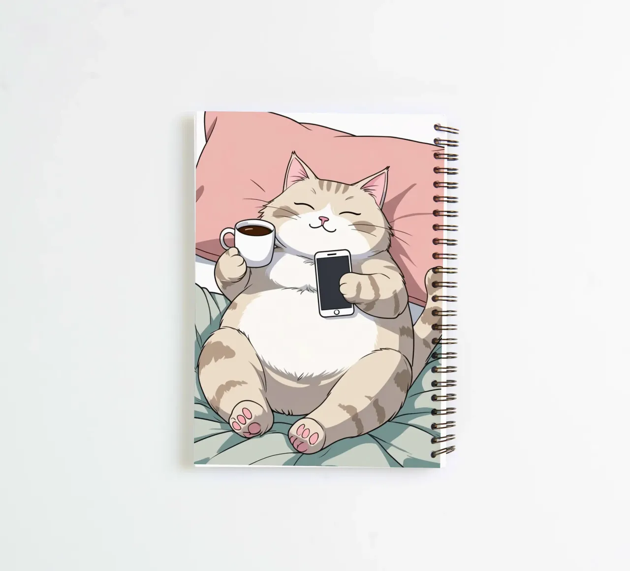 Cat relaxing on a soft pillow while enjoying coffee spiral notebook by DesignDoodle