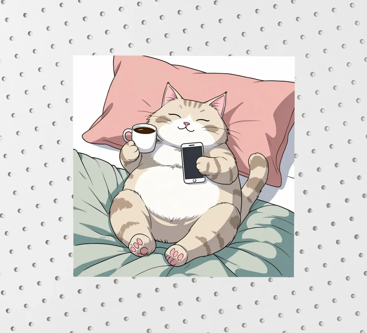 Cat relaxing on a soft pillow while enjoying coffee sticker by DesignDoodle