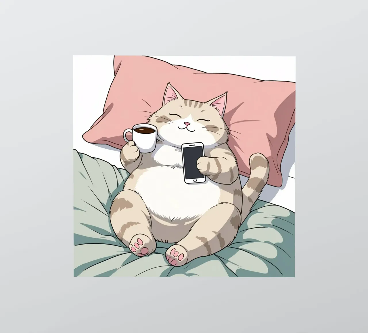 Cat relaxing on a soft pillow while enjoying coffee sticker by DesignDoodle