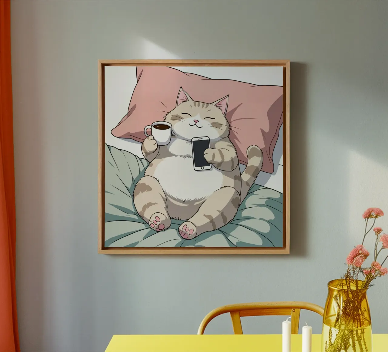 Cat relaxing on a soft pillow while enjoying coffee canvas by DesignDoodle