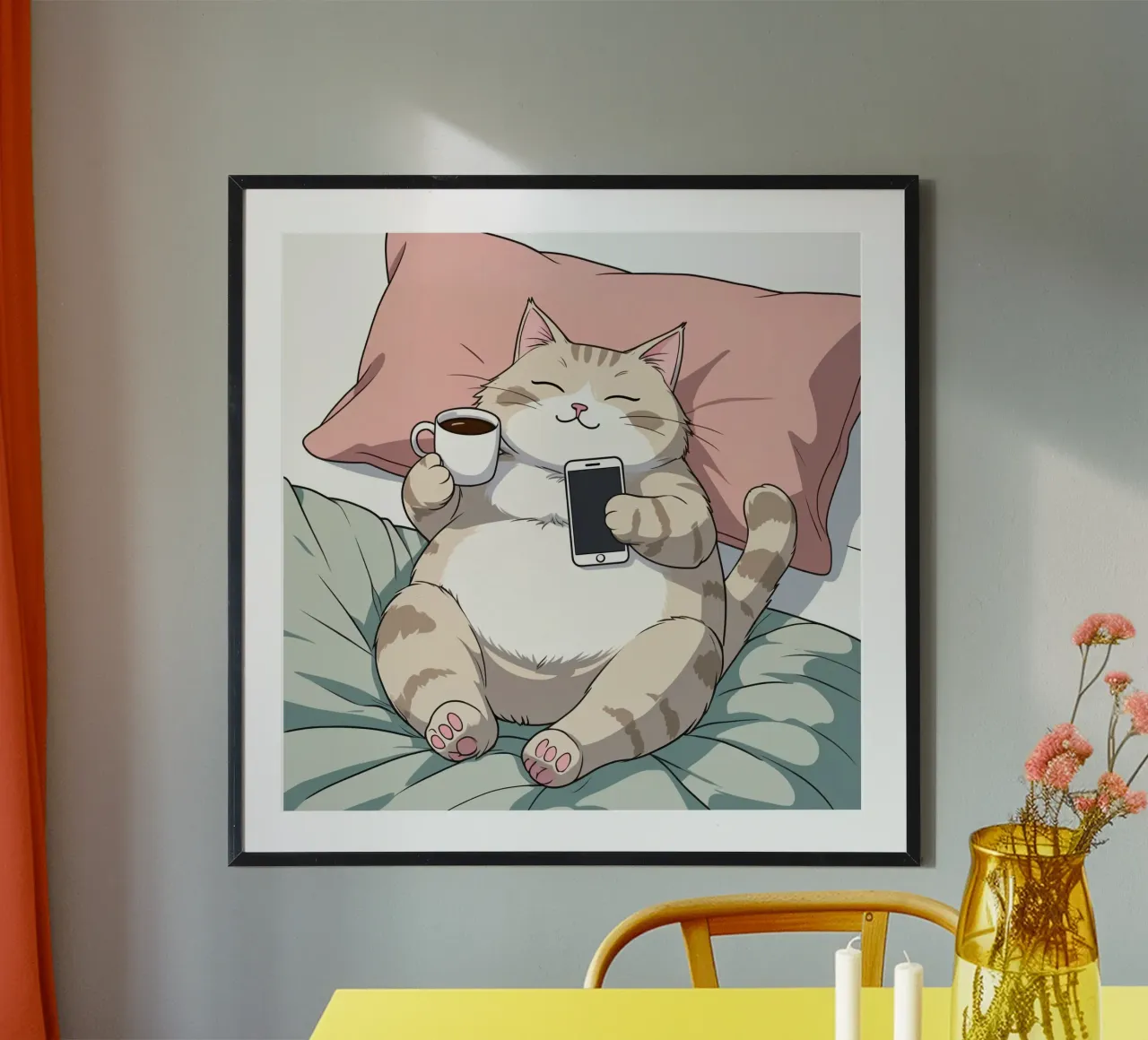 Cat relaxing on a soft pillow while enjoying coffee hahnemühle by DesignDoodle