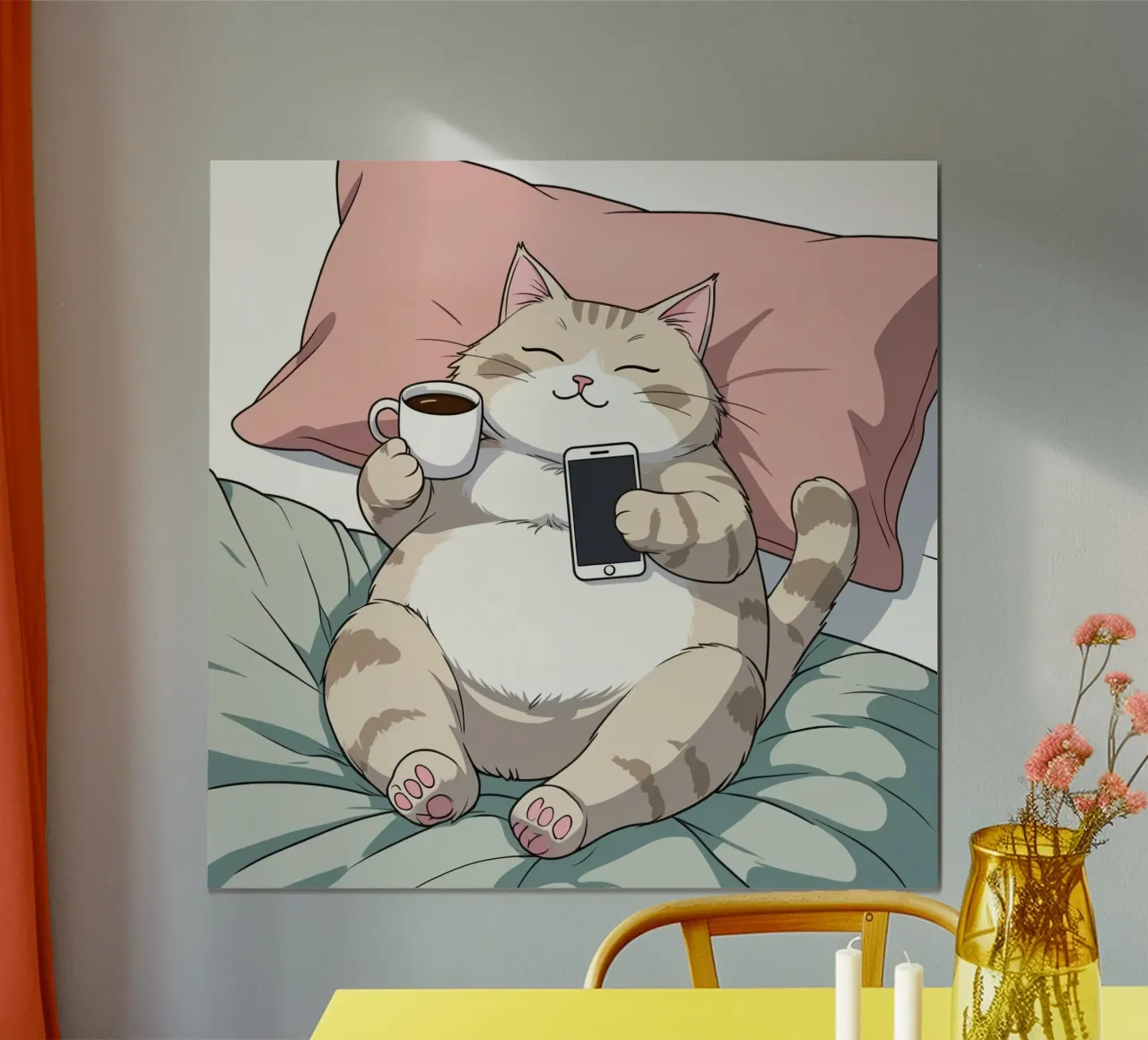 Cat relaxing on a soft pillow while enjoying coffee hahnemühle by DesignDoodle