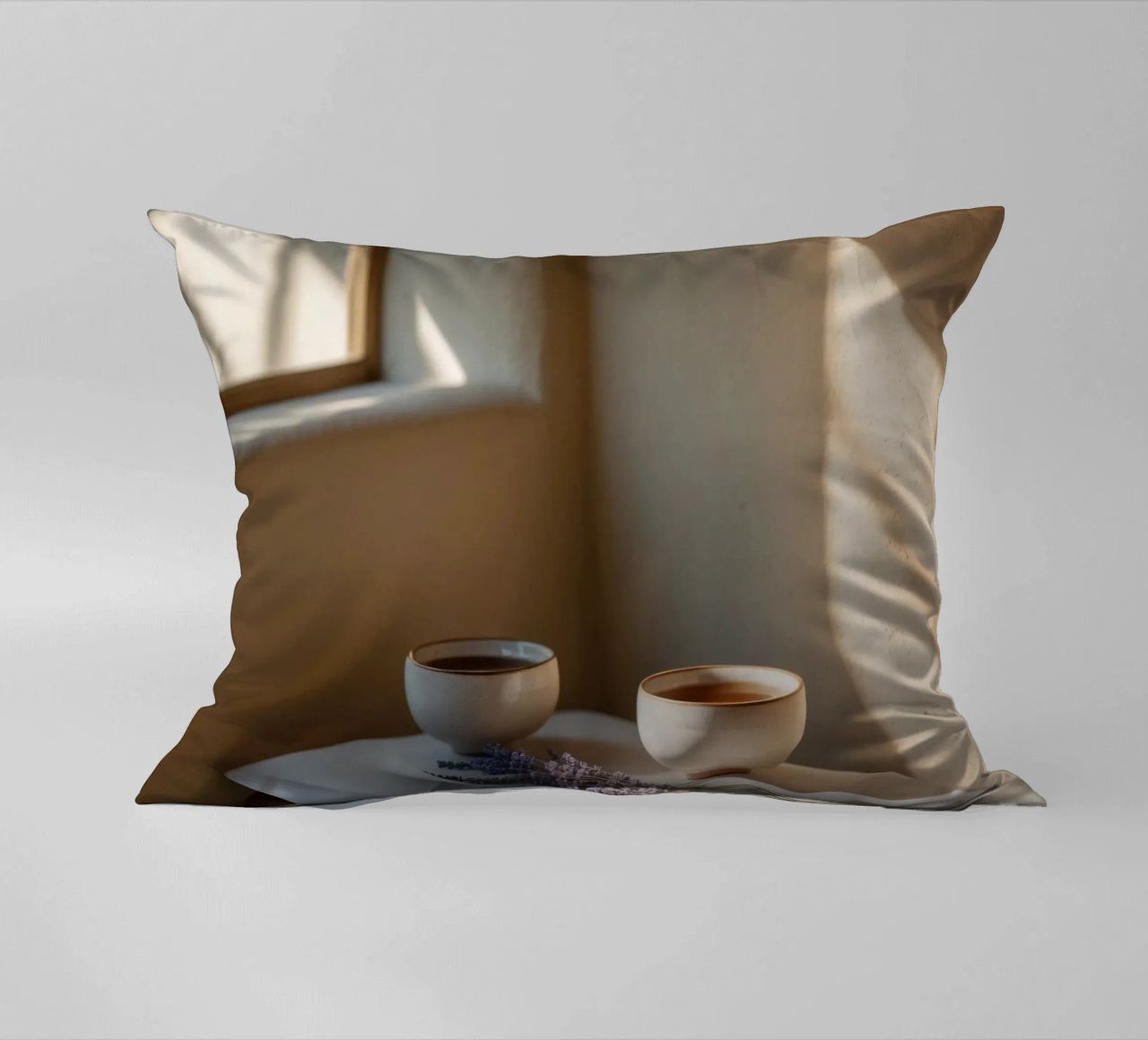 Angolo relax con tè e lavanda in una stanza illuminata dal sole cuscino da DesignDoodle
