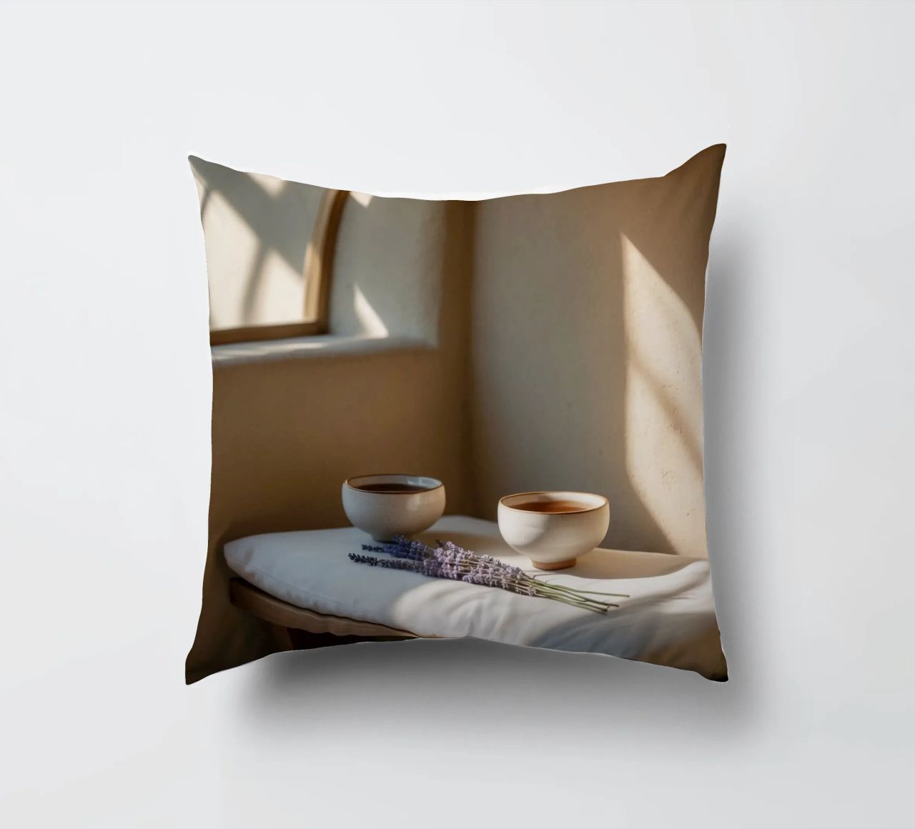 Angolo relax con tè e lavanda in una stanza illuminata dal sole cuscino da DesignDoodle