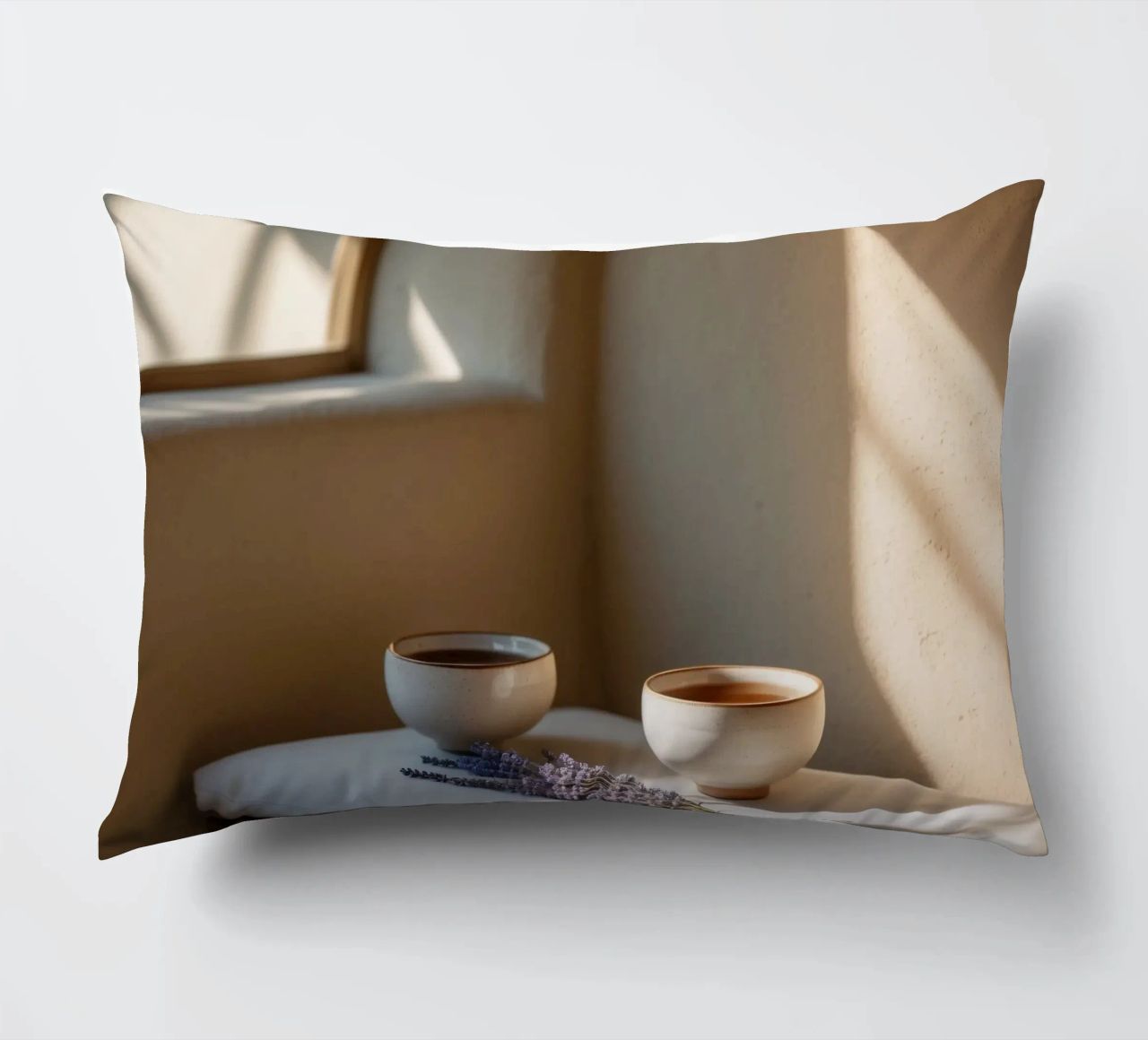 Angolo relax con tè e lavanda in una stanza illuminata dal sole cuscino da DesignDoodle