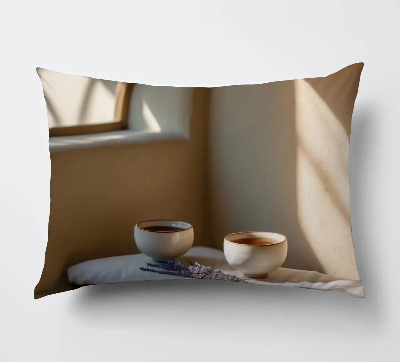 Angolo relax con tè e lavanda in una stanza illuminata dal sole cuscino da DesignDoodle
