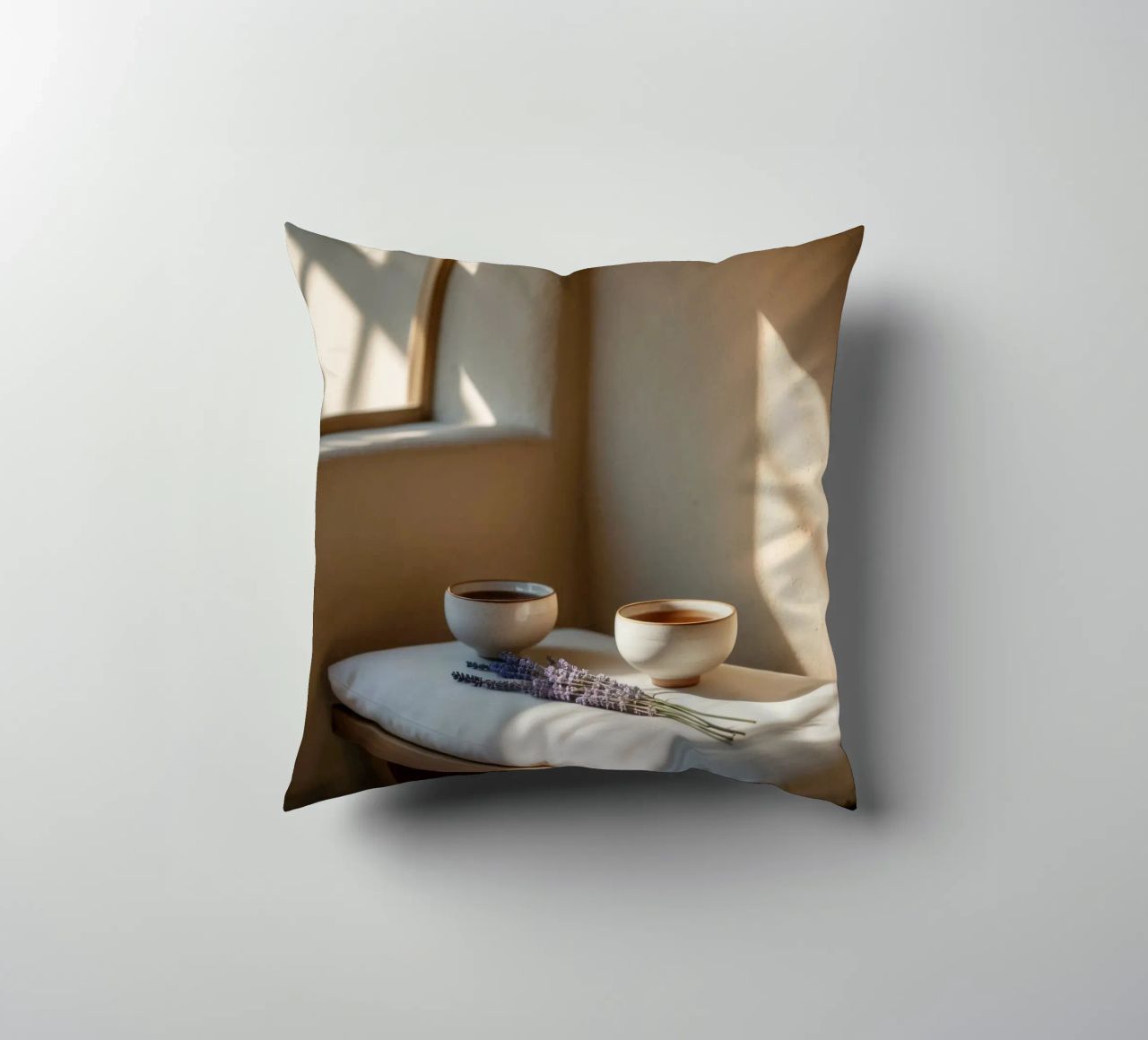 Angolo relax con tè e lavanda in una stanza illuminata dal sole cuscino da DesignDoodle