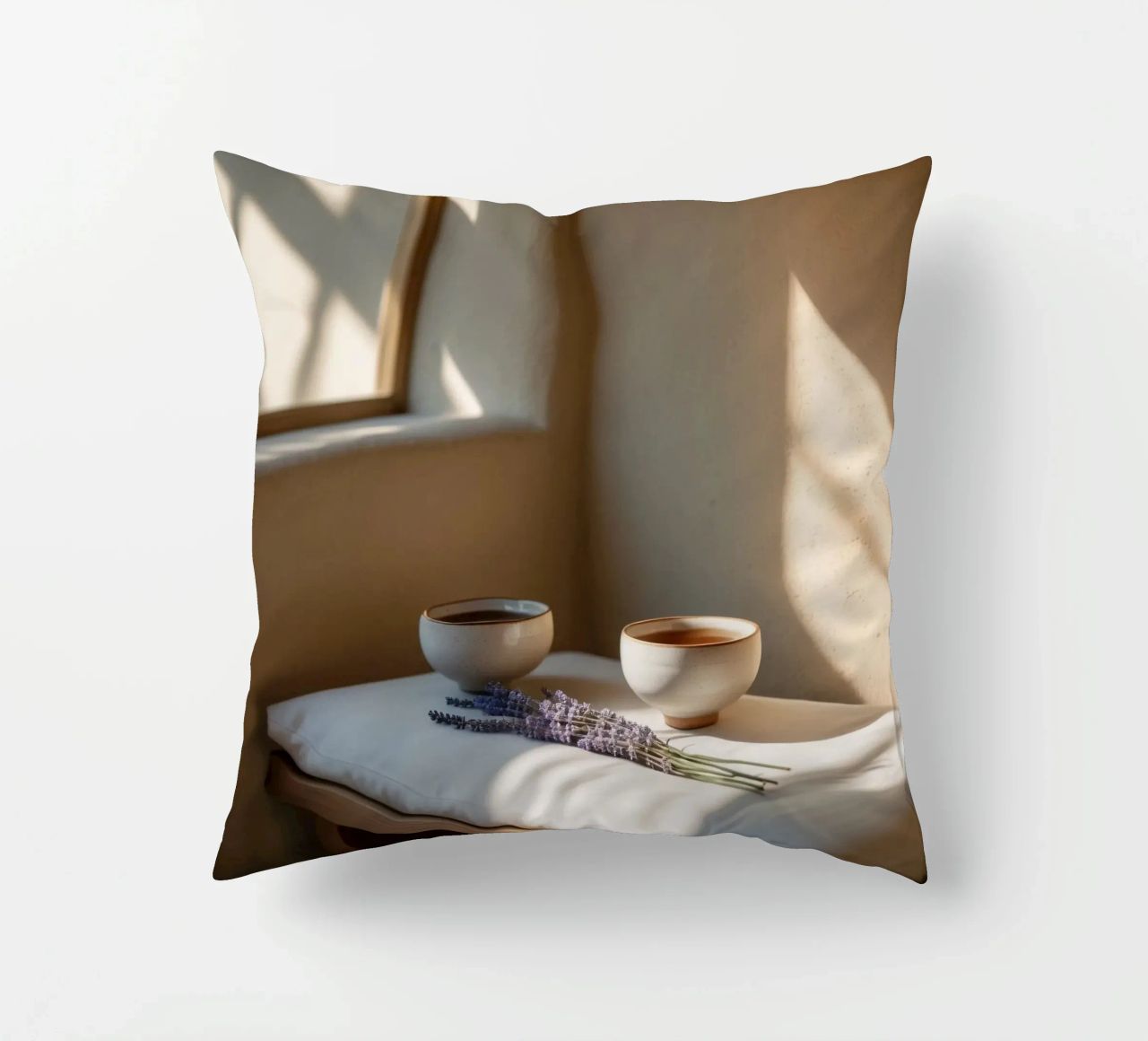 Angolo relax con tè e lavanda in una stanza illuminata dal sole cuscino da DesignDoodle