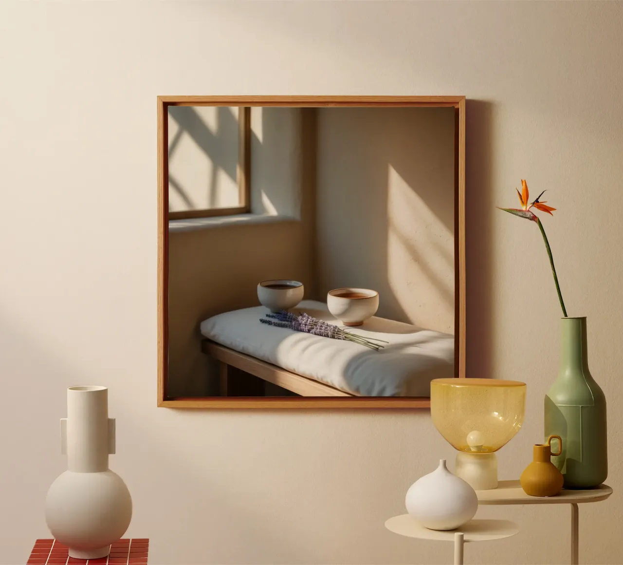Angolo relax con tè e lavanda in una stanza illuminata dal sole tela con Cornice a cassetta da DesignDoodle