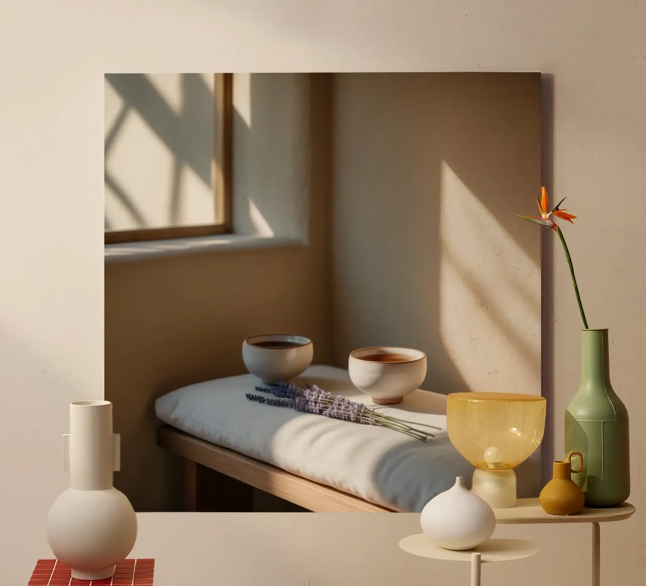 Angolo relax con tè e lavanda in una stanza illuminata dal sole tela con Cornice a cassetta da DesignDoodle