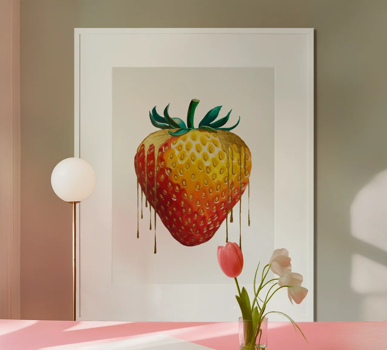 La fragola che scorre come l'oro poster con telaio in alluminio da dinem