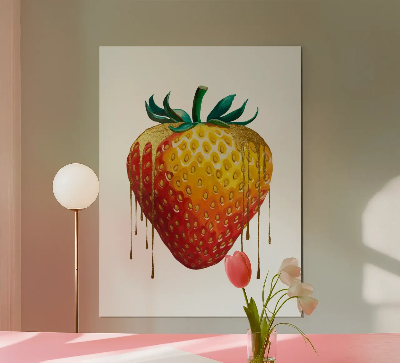 La fragola che scorre come l'oro poster con telaio in alluminio da dinem