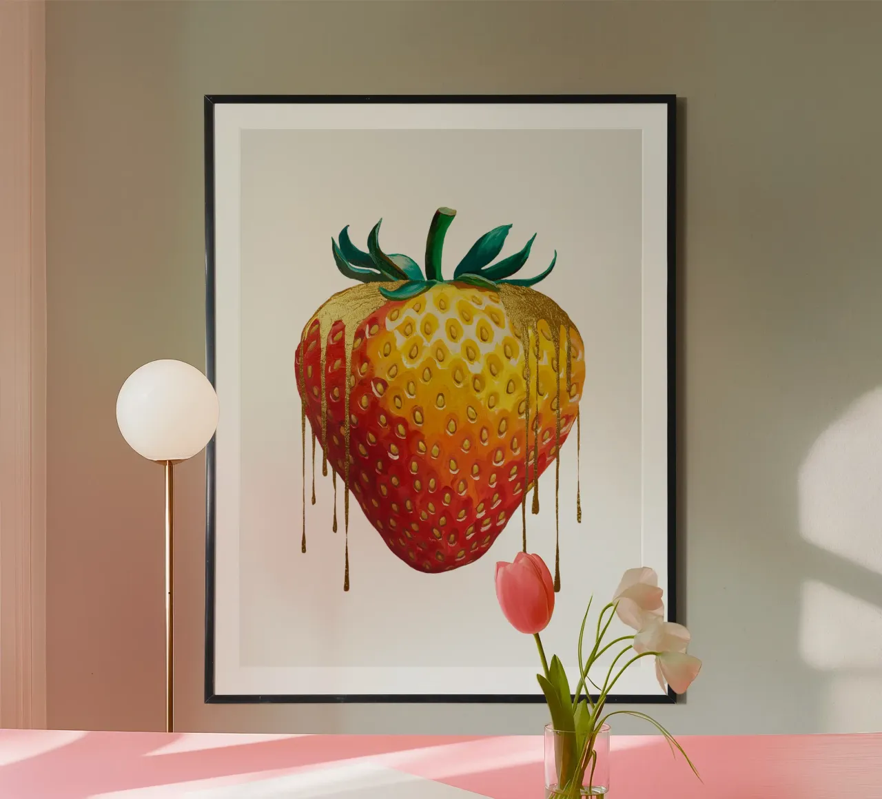 La fragola che scorre come l'oro poster con telaio in alluminio da dinem