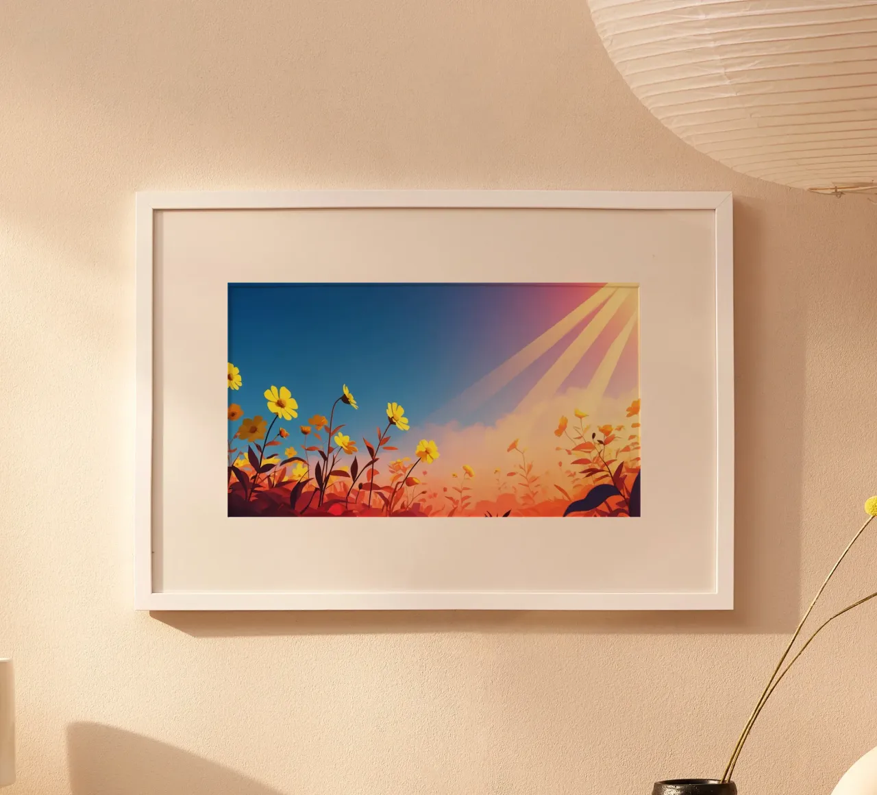 Des fleurs d'un jaune éclatant se prélassent au soleil sous un ciel bleu. poster avec cadre en bois de DesignDoodle
