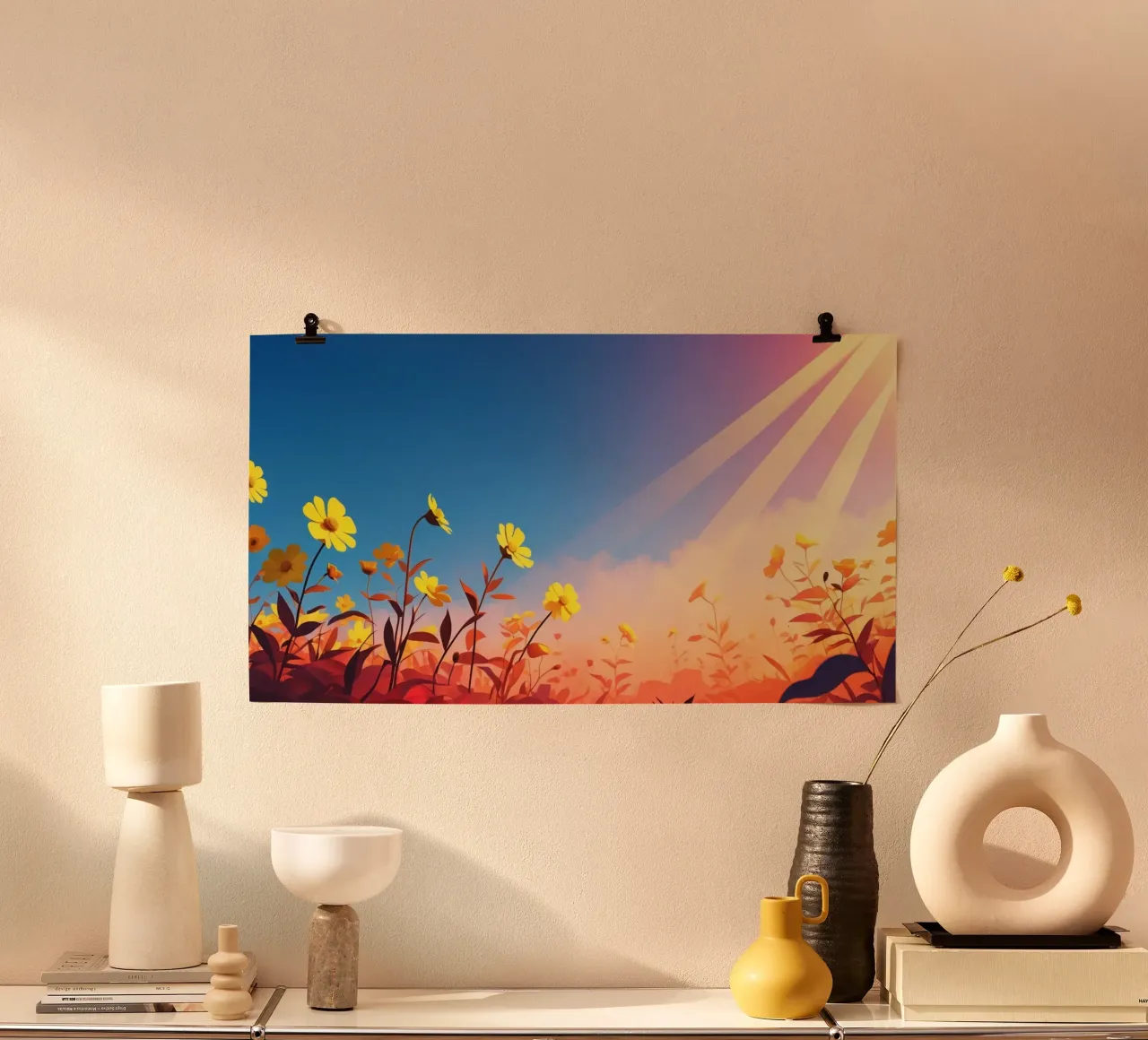 Des fleurs d'un jaune éclatant se prélassent au soleil sous un ciel bleu. poster avec cadre en bois de DesignDoodle