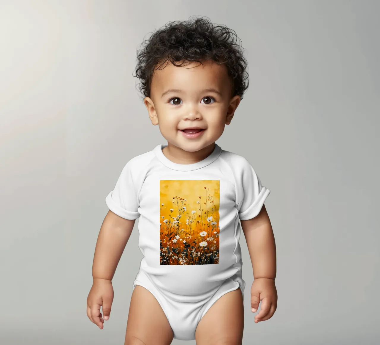 Wildflowers yellow meadow short-sleeve baby romper by Justyna Jaszke JBJart