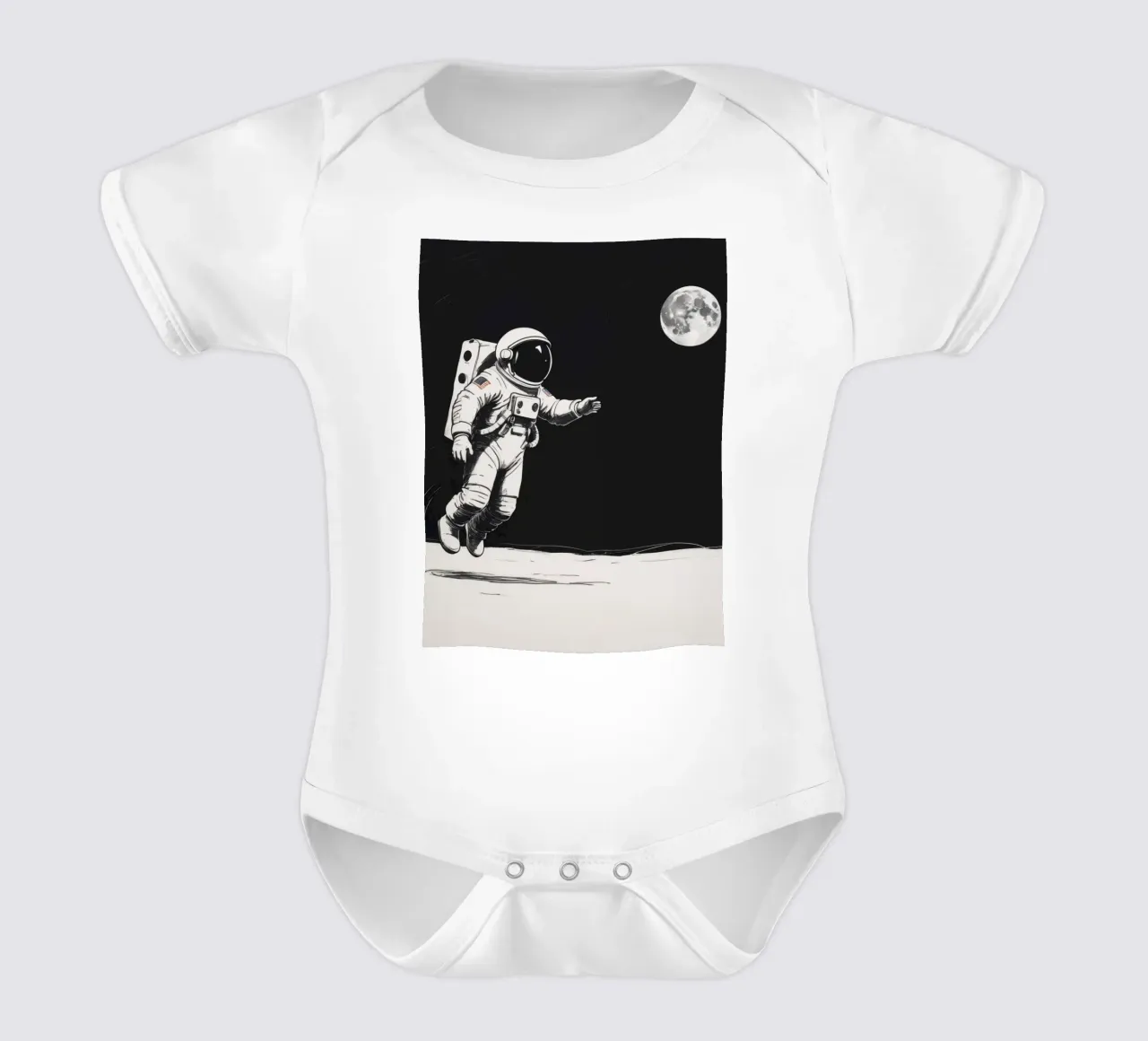 Astronaut exploring the moon's surface during a serene lunar short-sleeve baby romper by DesignDoodle