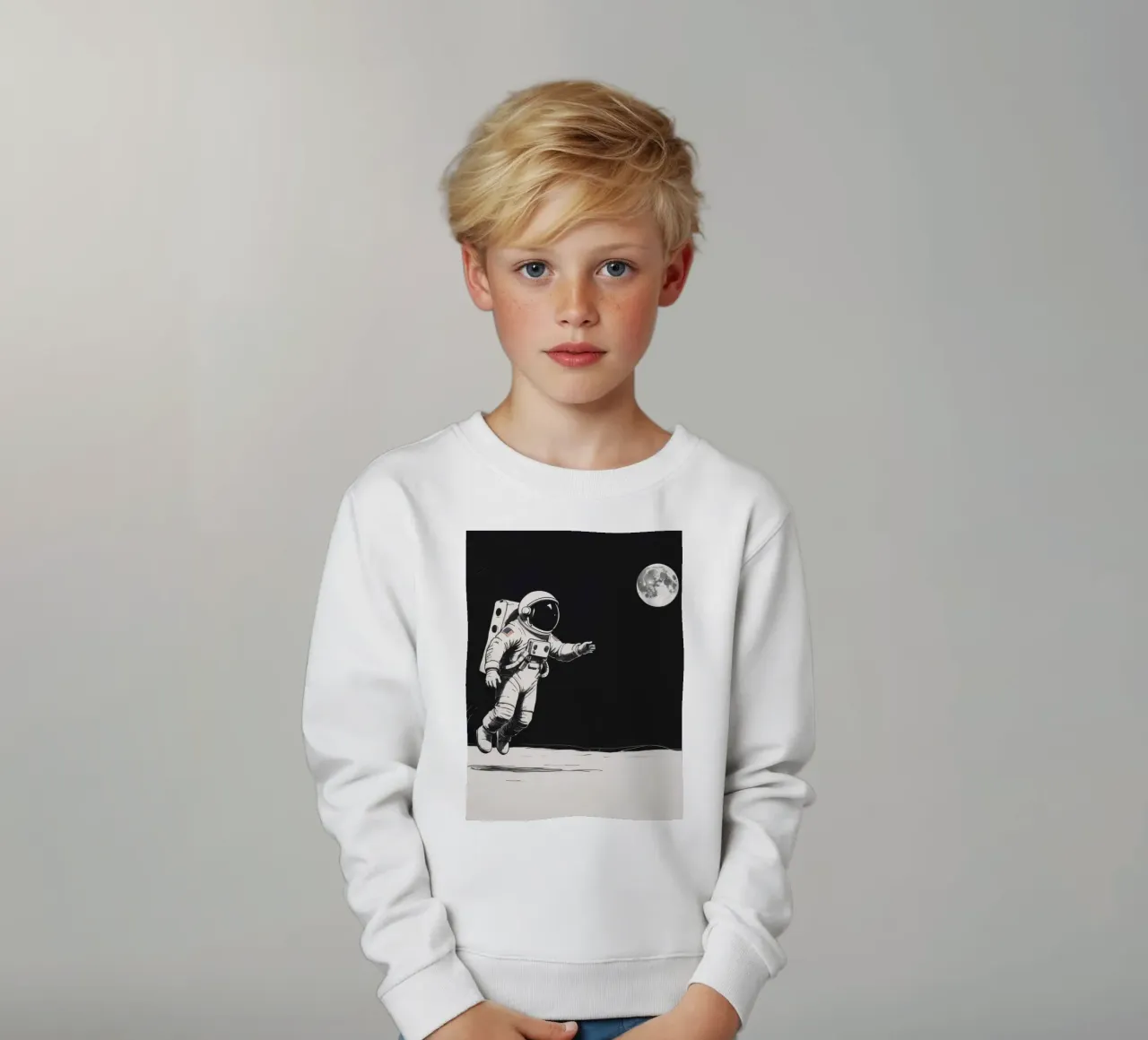 Astronaut exploring the moon's surface during a serene lunar kids sweatshirt by DesignDoodle