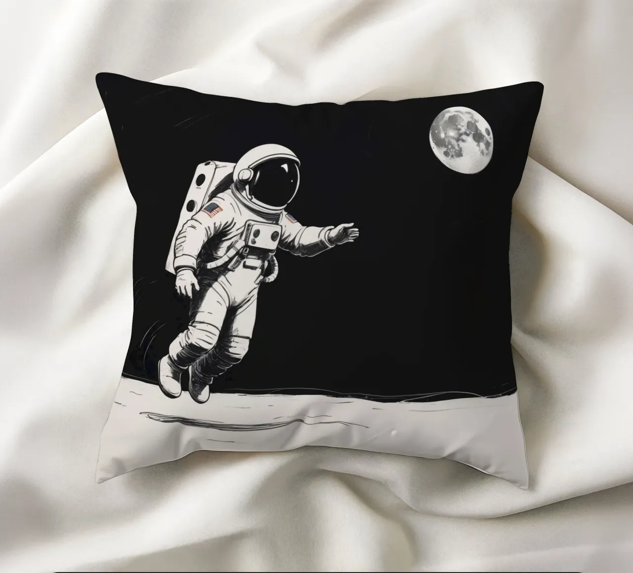 Astronaut exploring the moon's surface during a serene lunar decorative cushion by DesignDoodle