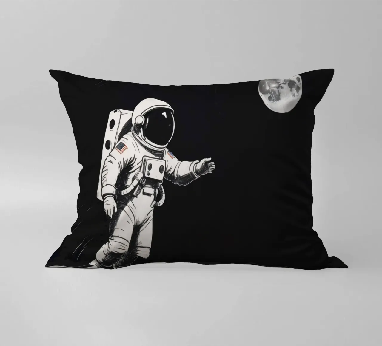 Astronaut exploring the moon's surface during a serene lunar decorative cushion by DesignDoodle