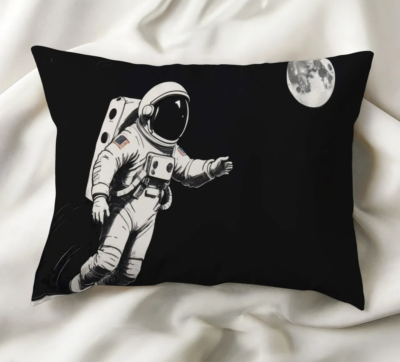 Astronaut exploring the moon's surface during a serene lunar decorative cushion by DesignDoodle