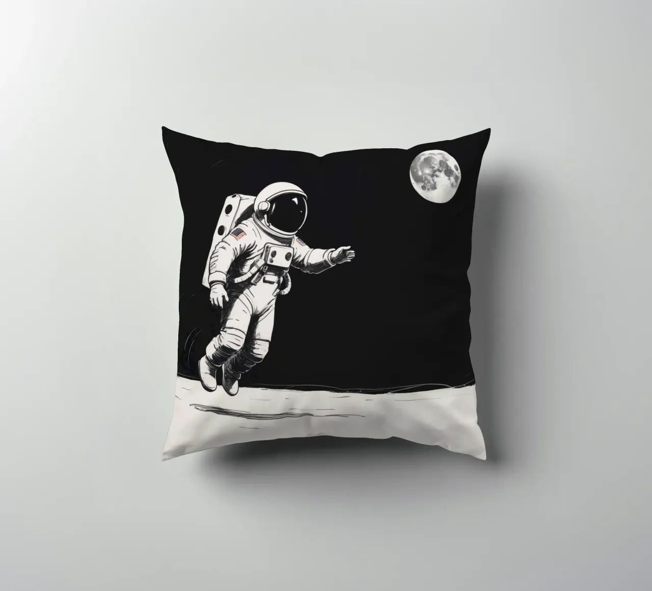 Astronaut exploring the moon's surface during a serene lunar decorative cushion by DesignDoodle