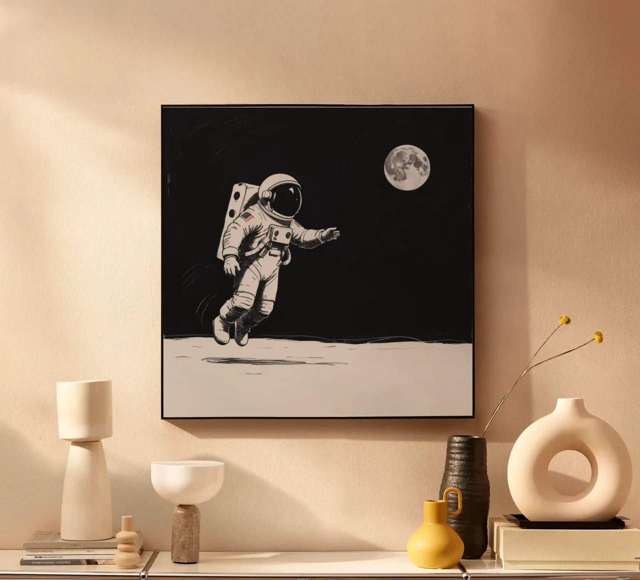 Astronaut exploring the moon's surface during a serene lunar acrylic glass by DesignDoodle