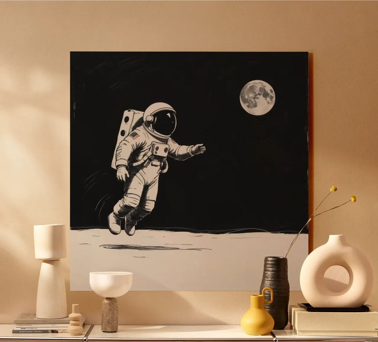 Astronaut exploring the moon's surface during a serene lunar acrylic glass by DesignDoodle
