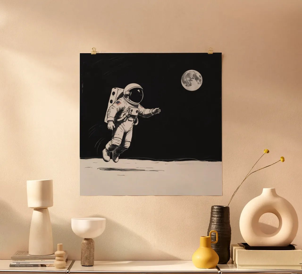 Astronaut exploring the moon's surface during a serene lunar hahnemühle by DesignDoodle