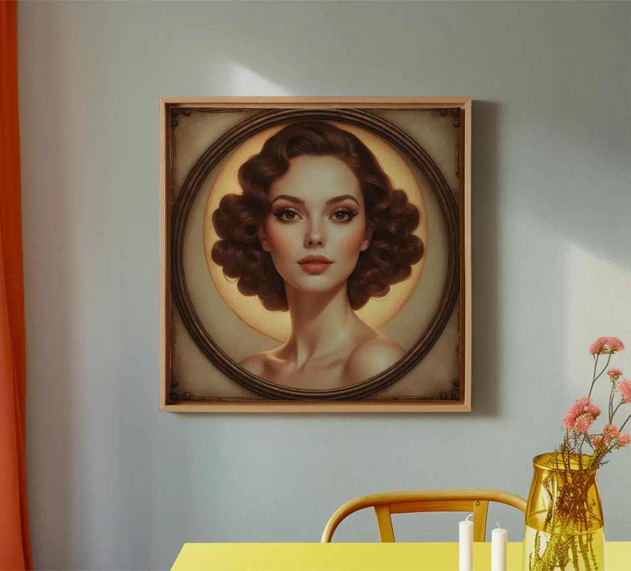 Classic retro portrait of a woman with elegant curls canvas with Floater frame by DesignDoodle
