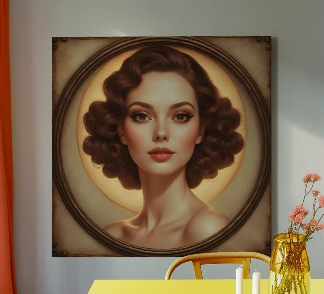 Classic retro portrait of a woman with elegant curls canvas with Floater frame by DesignDoodle
