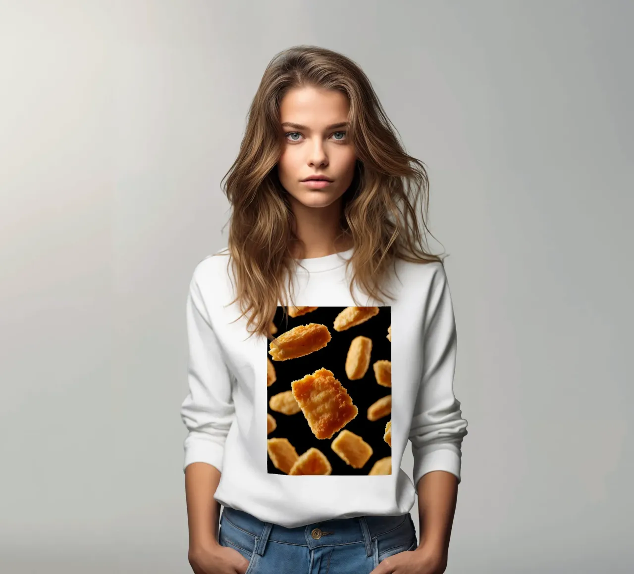 Nuggets in mid-air create a dynamic culinary display sweatshirt by DesignDoodle