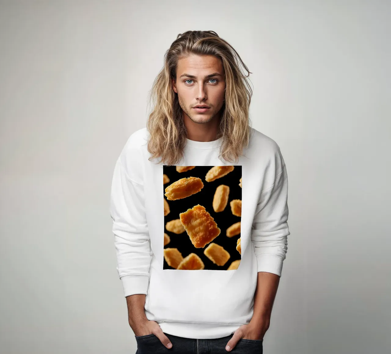 Nuggets in mid-air create a dynamic culinary display sweatshirt by DesignDoodle