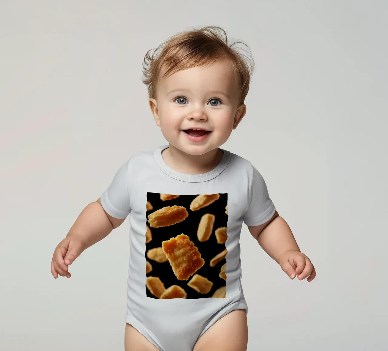 Nuggets in mid-air create a dynamic culinary display short-sleeve baby romper by DesignDoodle