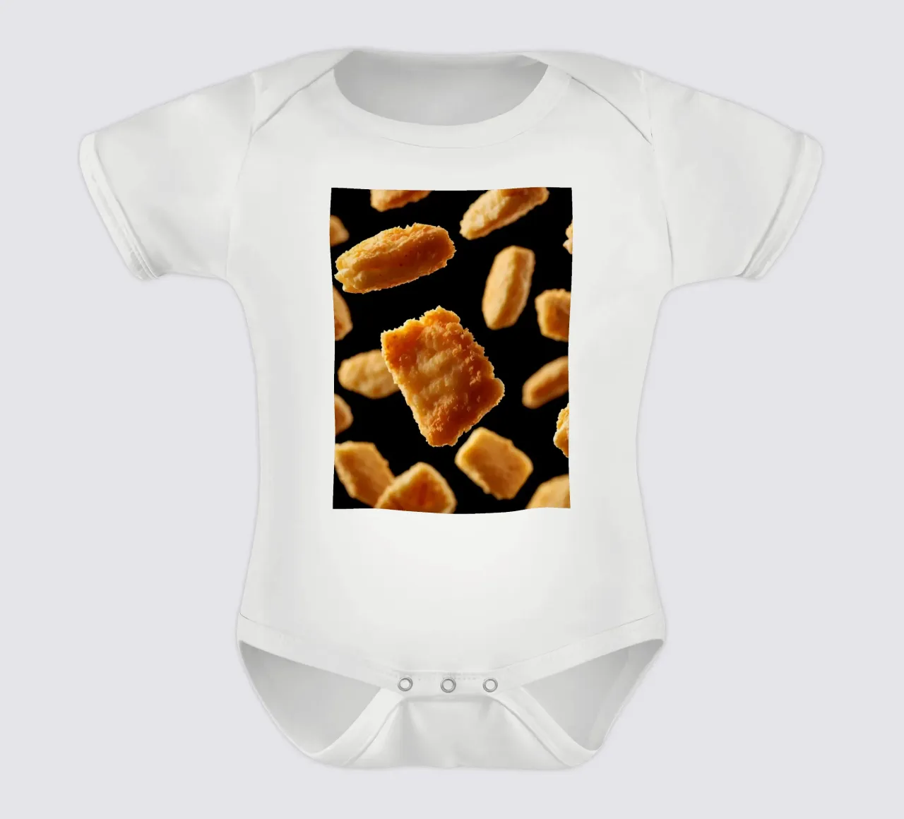 Nuggets in mid-air create a dynamic culinary display short-sleeve baby romper by DesignDoodle