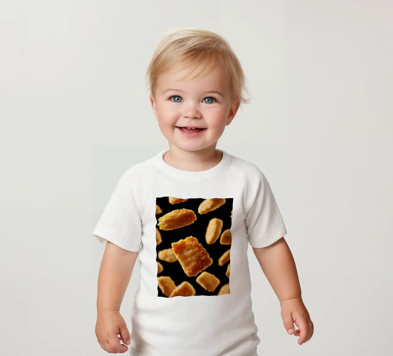 Nuggets in mid-air create a dynamic culinary display baby t-shirt by DesignDoodle