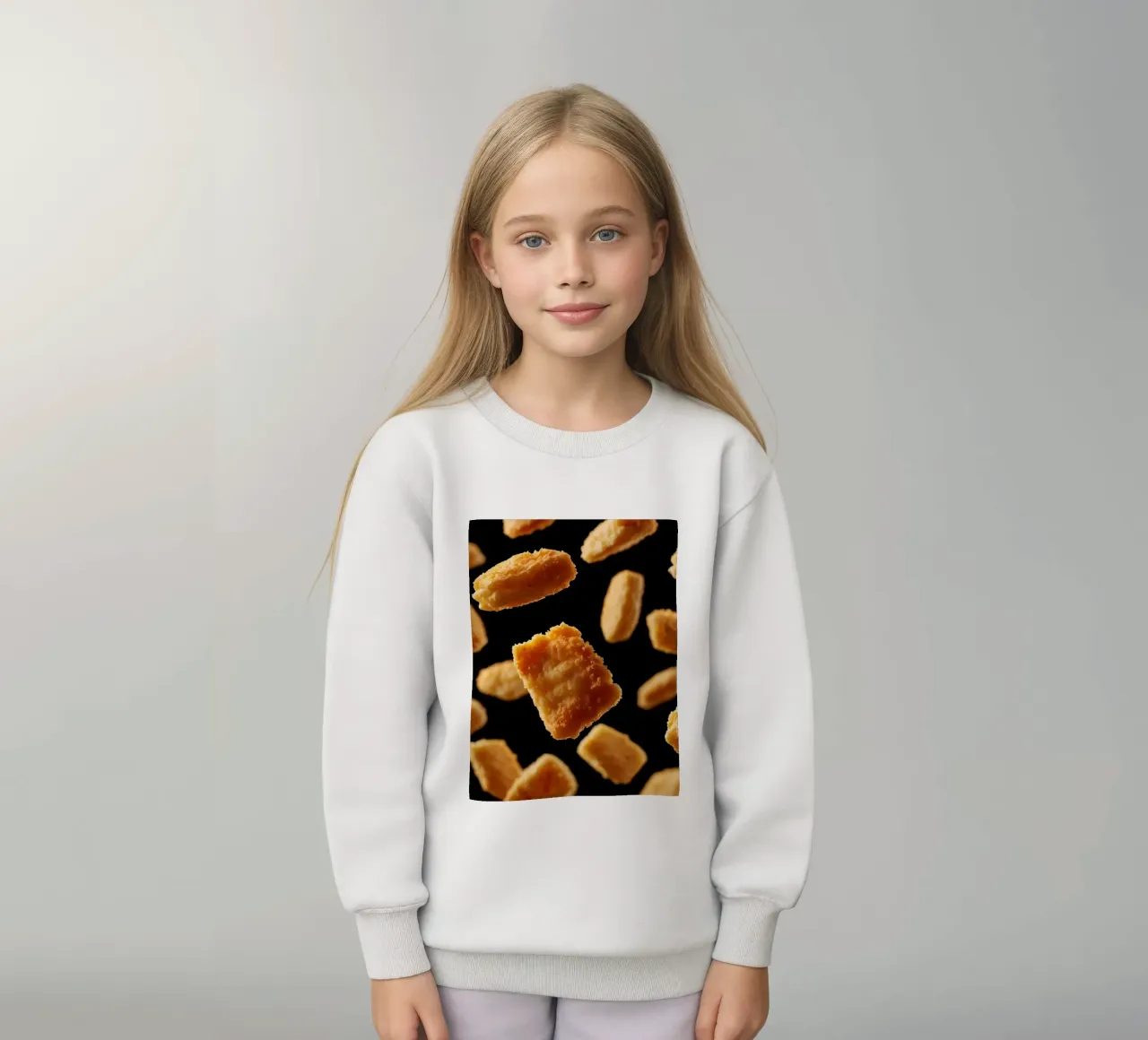 Nuggets in mid-air create a dynamic culinary display kids sweatshirt by DesignDoodle