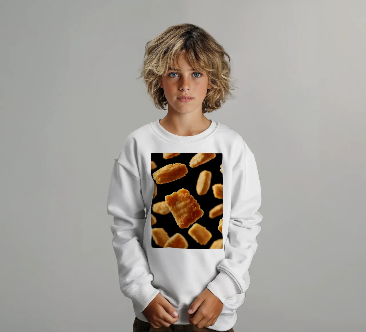 Nuggets in mid-air create a dynamic culinary display kids sweatshirt by DesignDoodle
