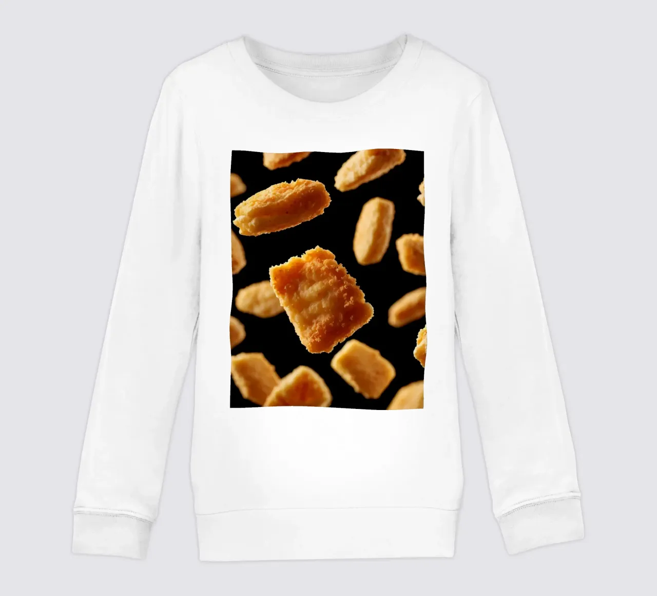 Nuggets in mid-air create a dynamic culinary display kids sweatshirt by DesignDoodle