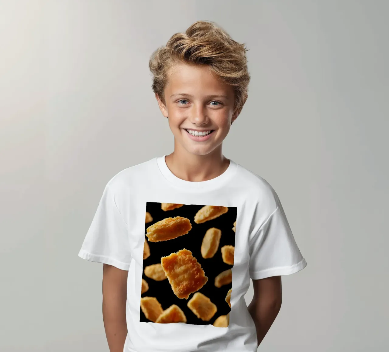 Nuggets in mid-air create a dynamic culinary display kids t-shirt by DesignDoodle